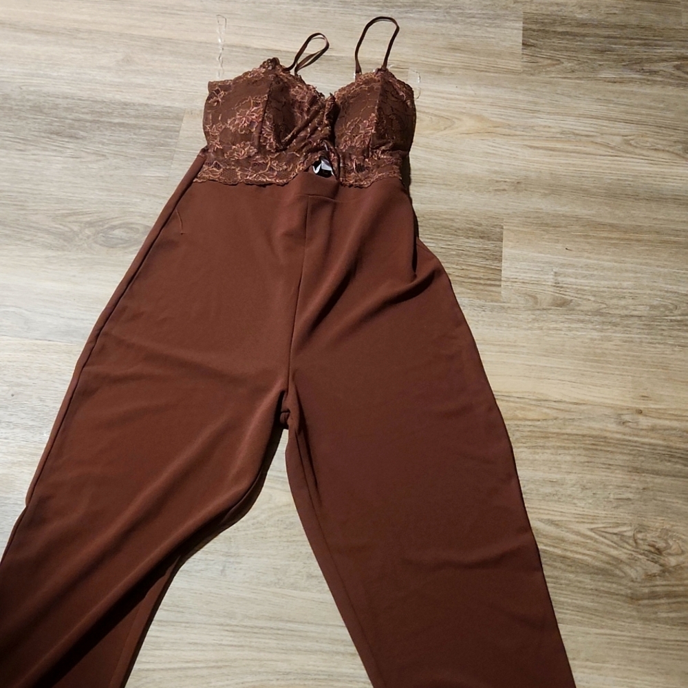 Brown lace top spaghetti  strap  jumpsuit  with  front cutout